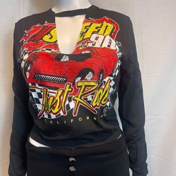 Just Ride Cut Out V-Neck Long Sleeve Cotton Tee - Black Size M RefFNB3 - Picture 10 of 11